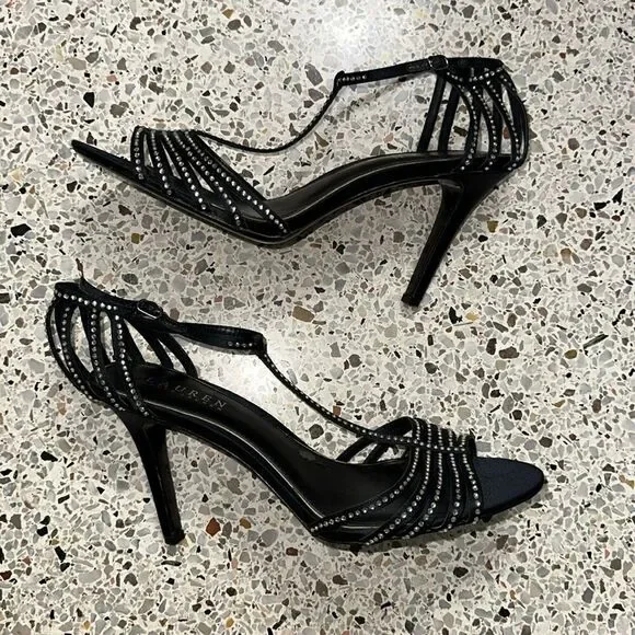 Ralph Lauren black silver rhinestone embellished heel sandal heel 9.5 - Picture 8 of 8